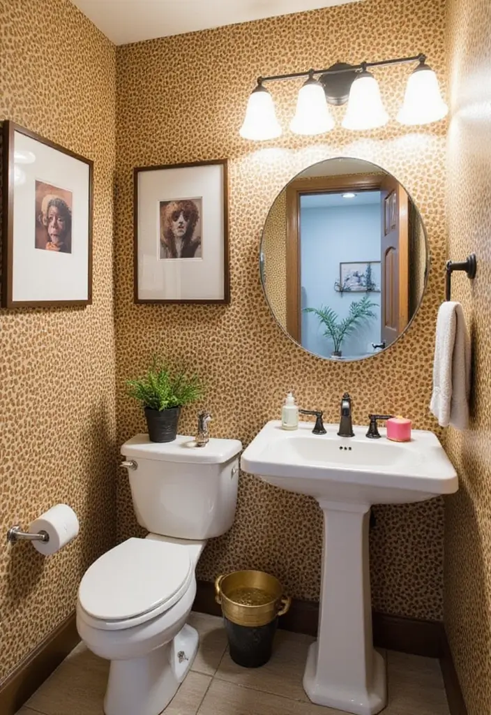 Playful Animal Print Accents in Half Bathroom with Pedestal Sink