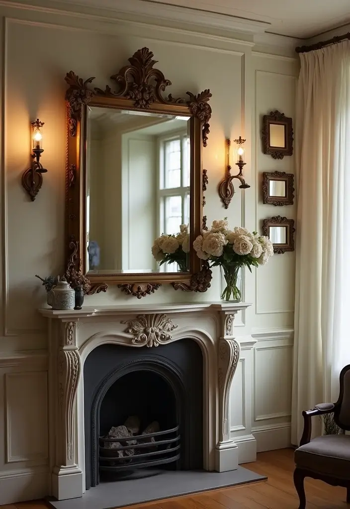Antique mirrors adding depth in vintage dark cottagecore interior