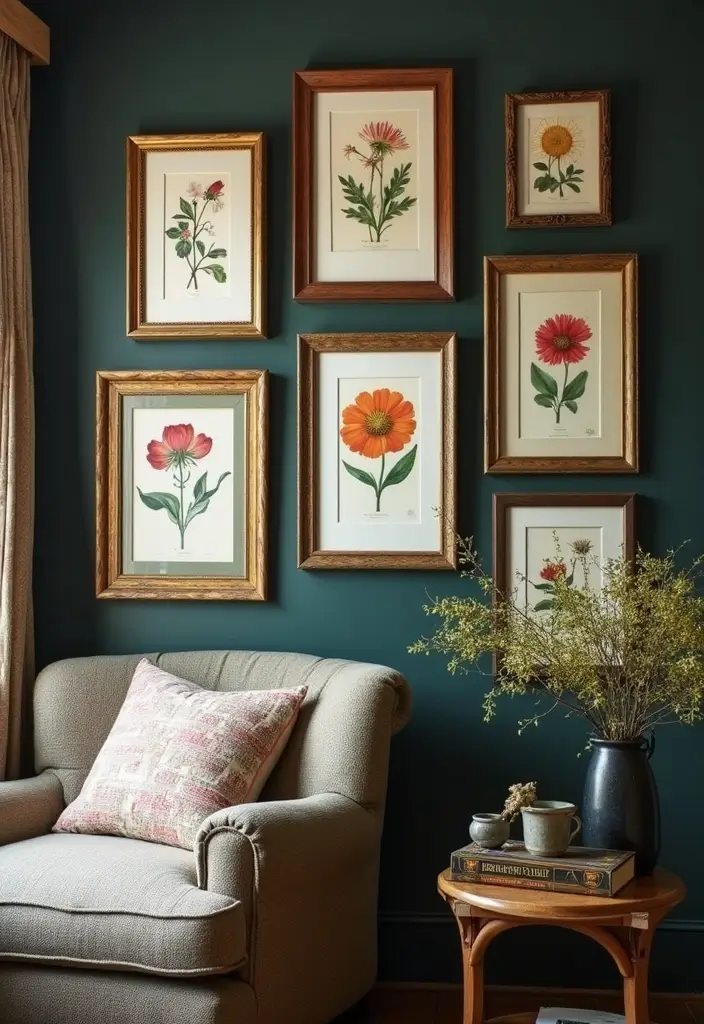 Botanical wall art in vintage dark cottagecore interior