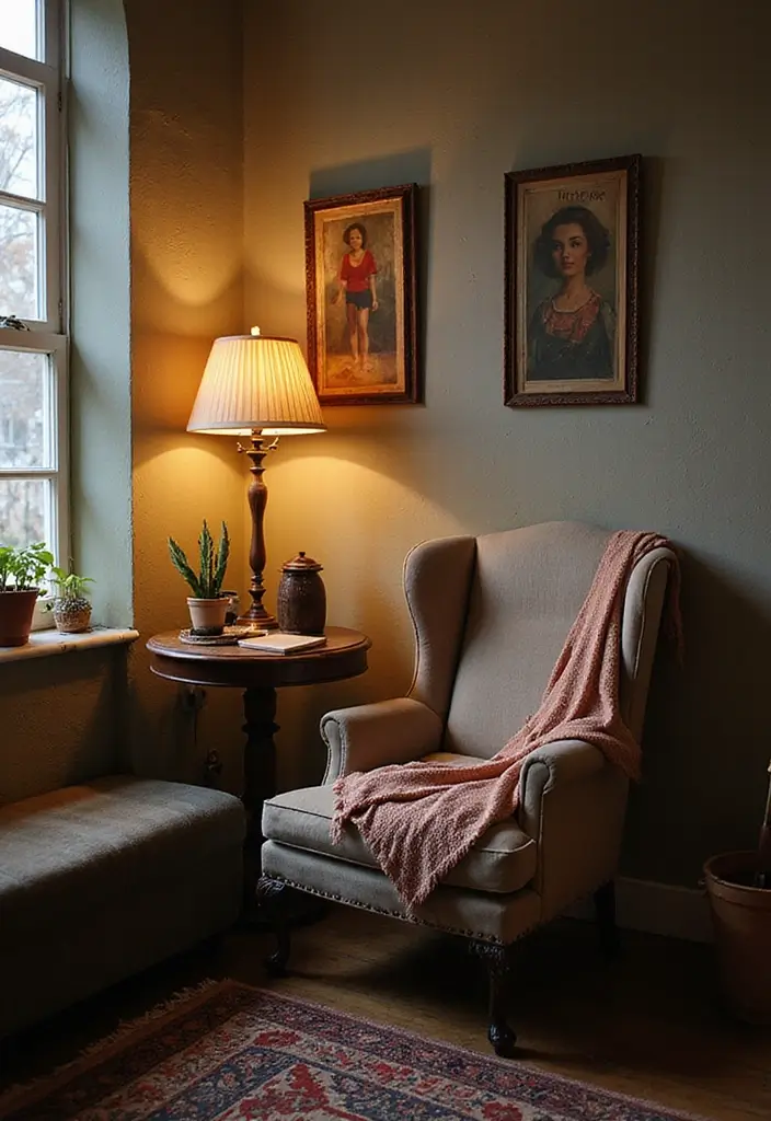 Vintage dark cottagecore cozy reading nook with antique armchair and thrifted side table