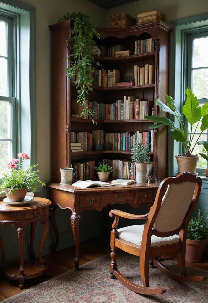 Unique vintage furniture in dark cottagecore interior