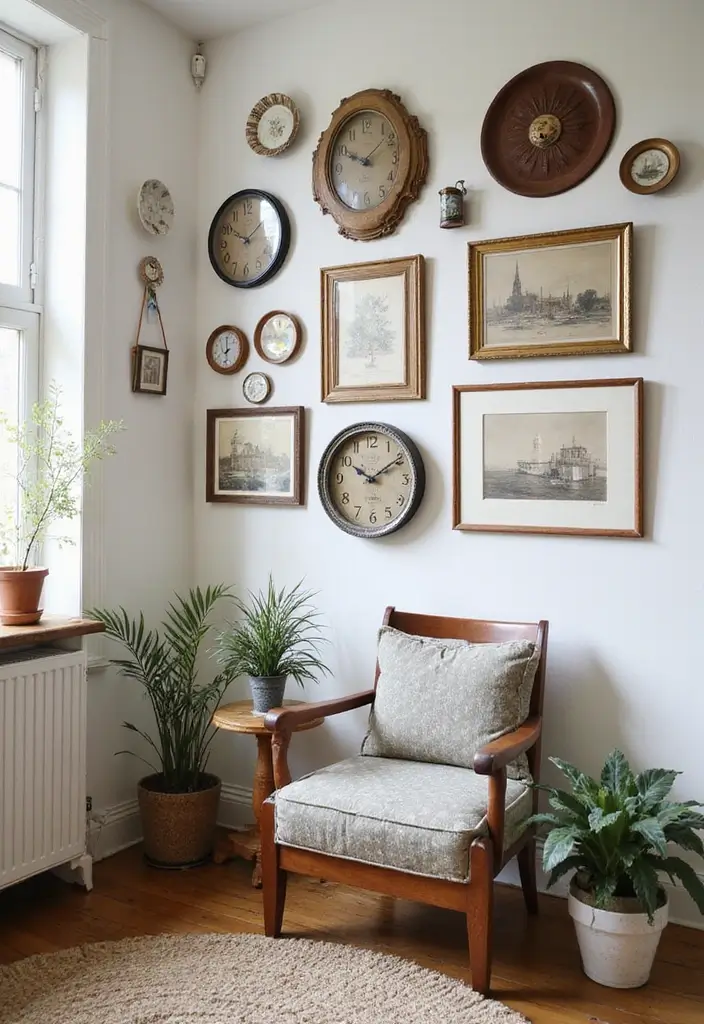 Thrifted wall decor in vintage dark cottagecore interior