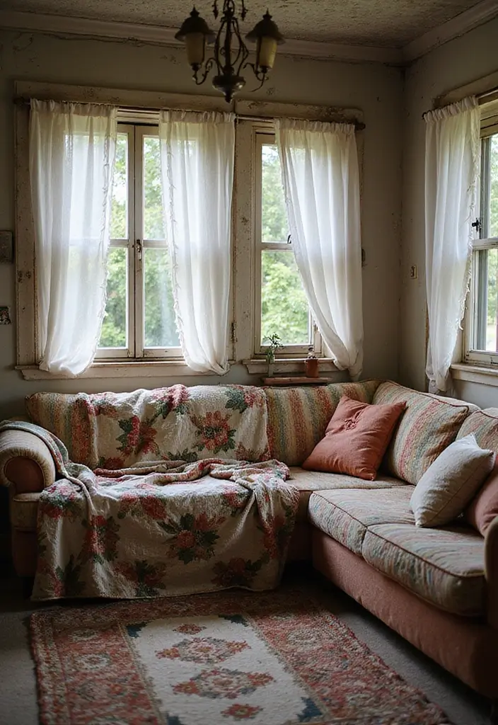 Thrifted textiles adding softness to vintage dark cottagecore decor