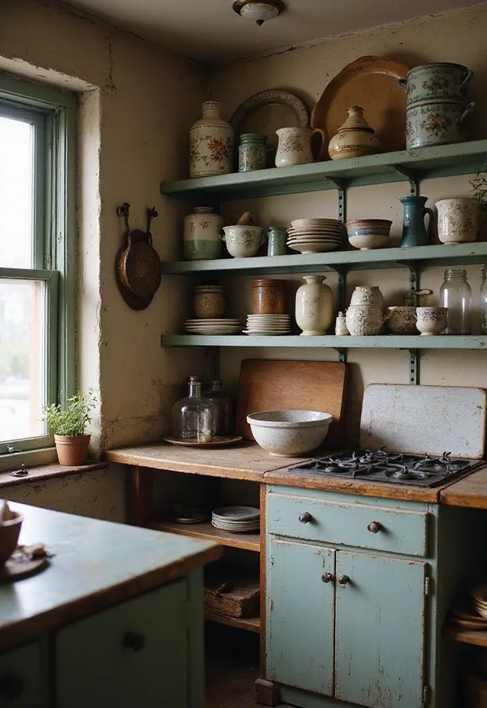 Antique kitchenware in vintage dark cottagecore kitchen