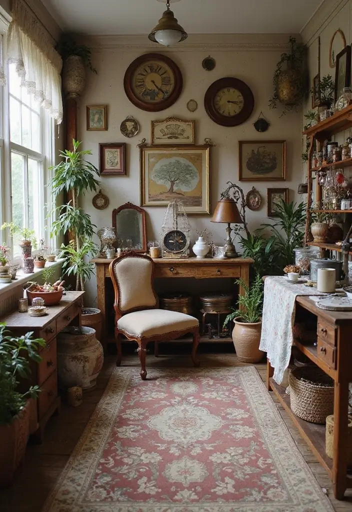 Vintage dark cottagecore interior with thrifted and antique treasures