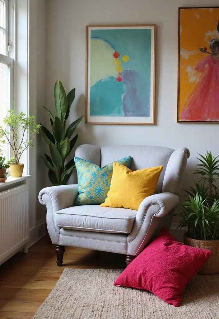 Soft Gray Accent Chair with Bold Accents