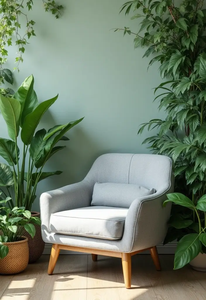 Soft Gray Accent Chair with Plants