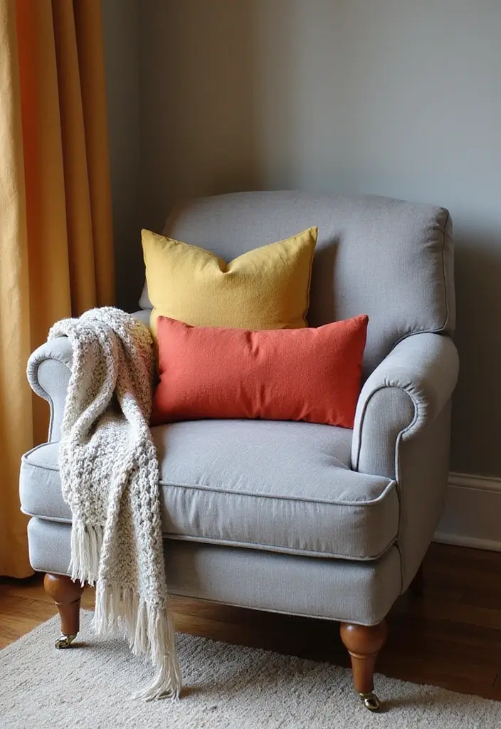 Soft Gray Accent Chair with Pillows and Throws