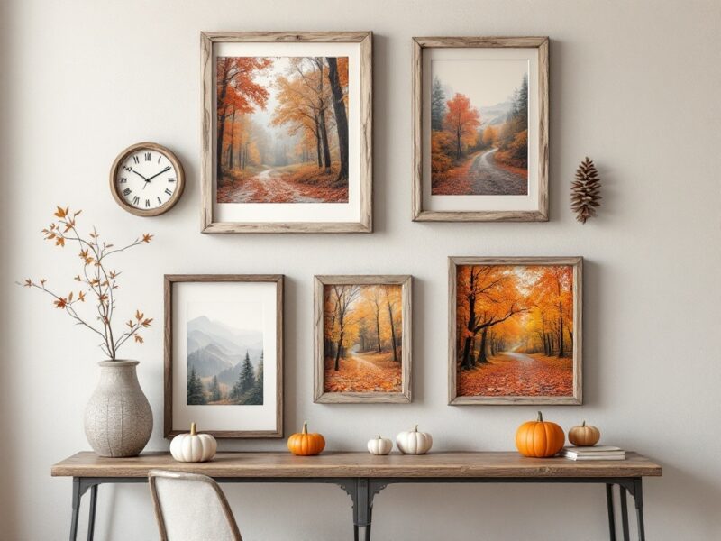 5 Cozy Fall Home Decor Ideas You'll Love 1 Rustic wall art display featuring autumn-themed framed pictures, a clock, and decorative pumpkins on a wooden table.
