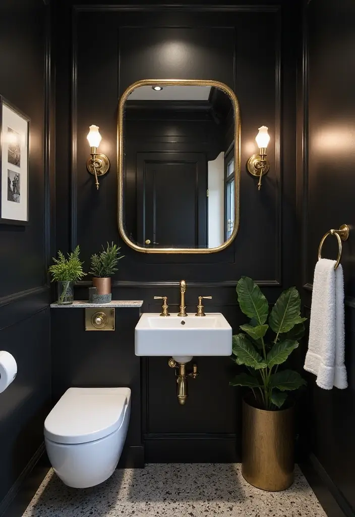 Striking Black Walls in Dark Moody Half Bathroom