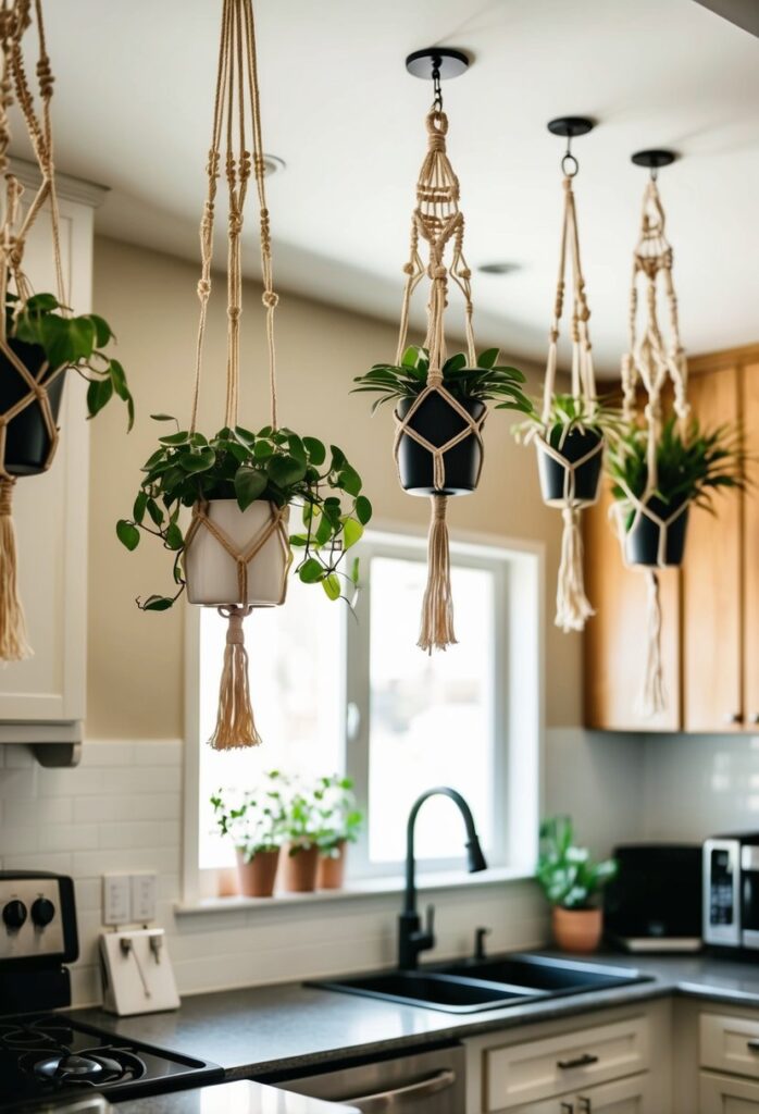 Macramé plant hangers in kitchen