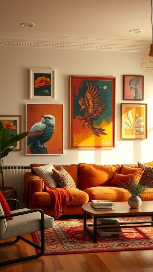Living room adorned with warm-toned colorful artwork