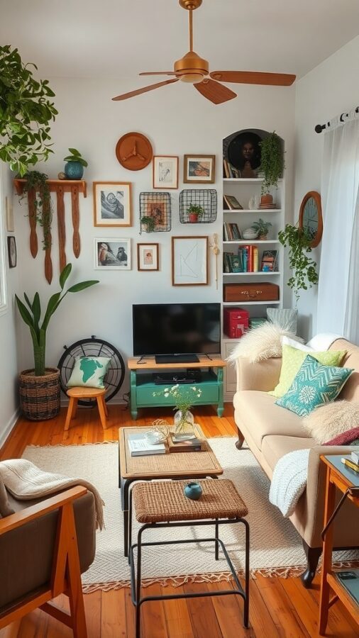 Living room with recycled and upcycled furniture, plants, and creative wall art