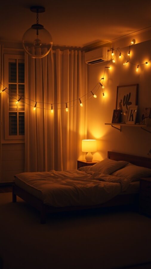 Warm bedroom illuminated by soft lamps and string lights