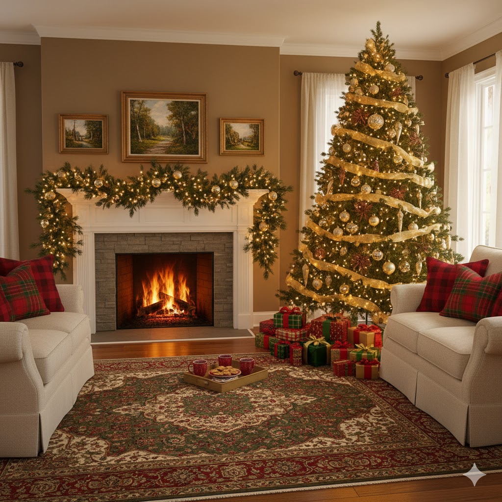 Classic red and green Christmas living room decor