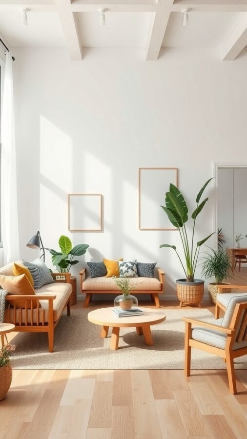 Minimalist Living Room with Natural Elements Minimalist living room with natural wood furniture and indoor plants