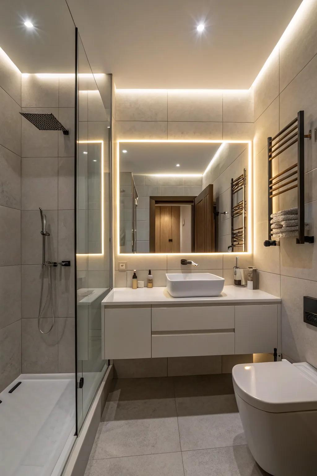 Soft ambient lighting creates a calming bathroom atmosphere.