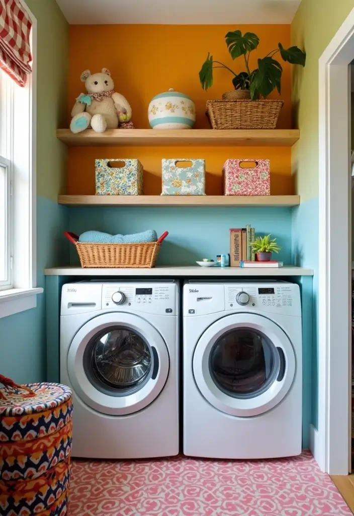 Bright and Colorful Floating Shelves in Laundry Nook