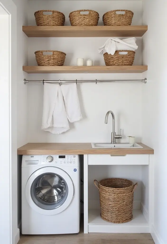 Minimalist Floating Shelves with Natural Baskets in Laundry Nook