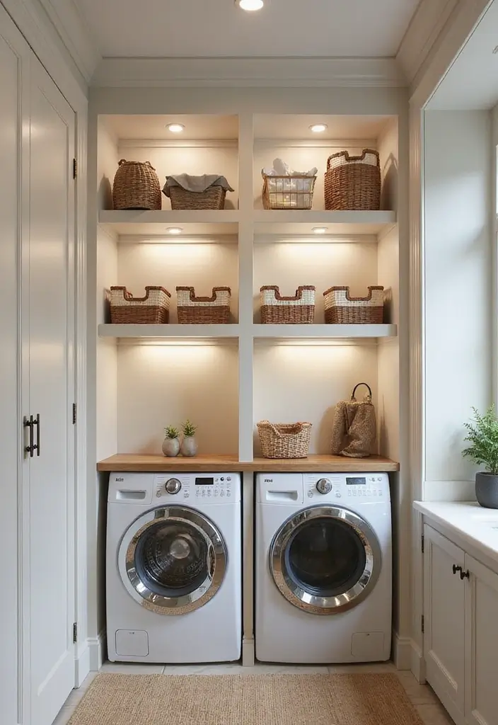Mirrored Floating Shelves in Small Laundry Nook