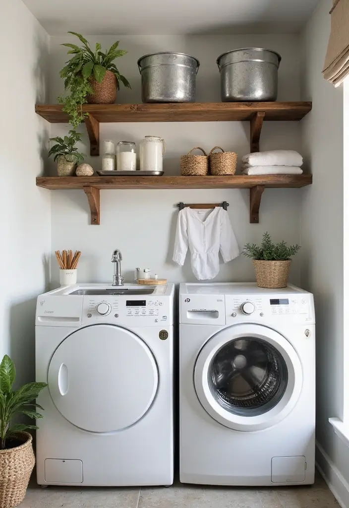 Rustic Wooden Floating Shelves with Metal Baskets