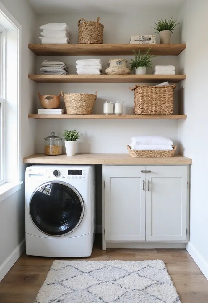 Stylish Floating Shelves and Basket Systems in Laundry Nook