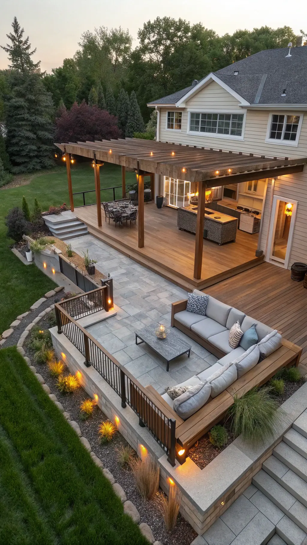 Elegant multi-level cedar deck with stone patio, lounge and dining areas under pergola with pendant lights, chef kitchen with stainless steel grill, surrounded by native plants and landscape lighting creating a warm ambiance at dusk