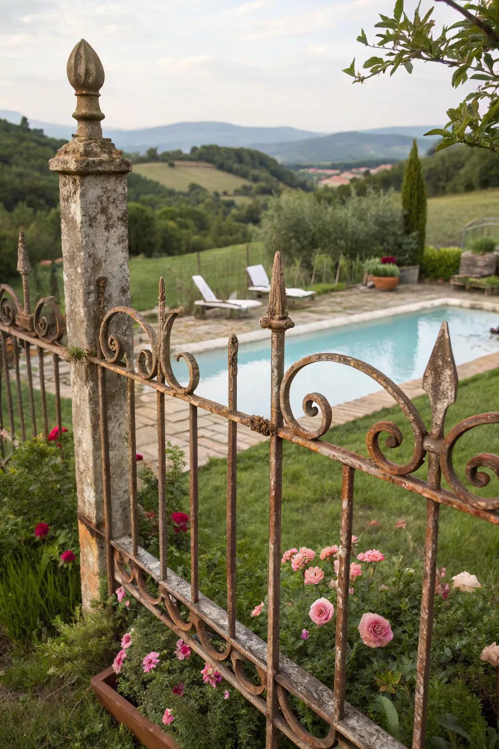 Rustic metal fence enhancing a cozy countryside pool setting.