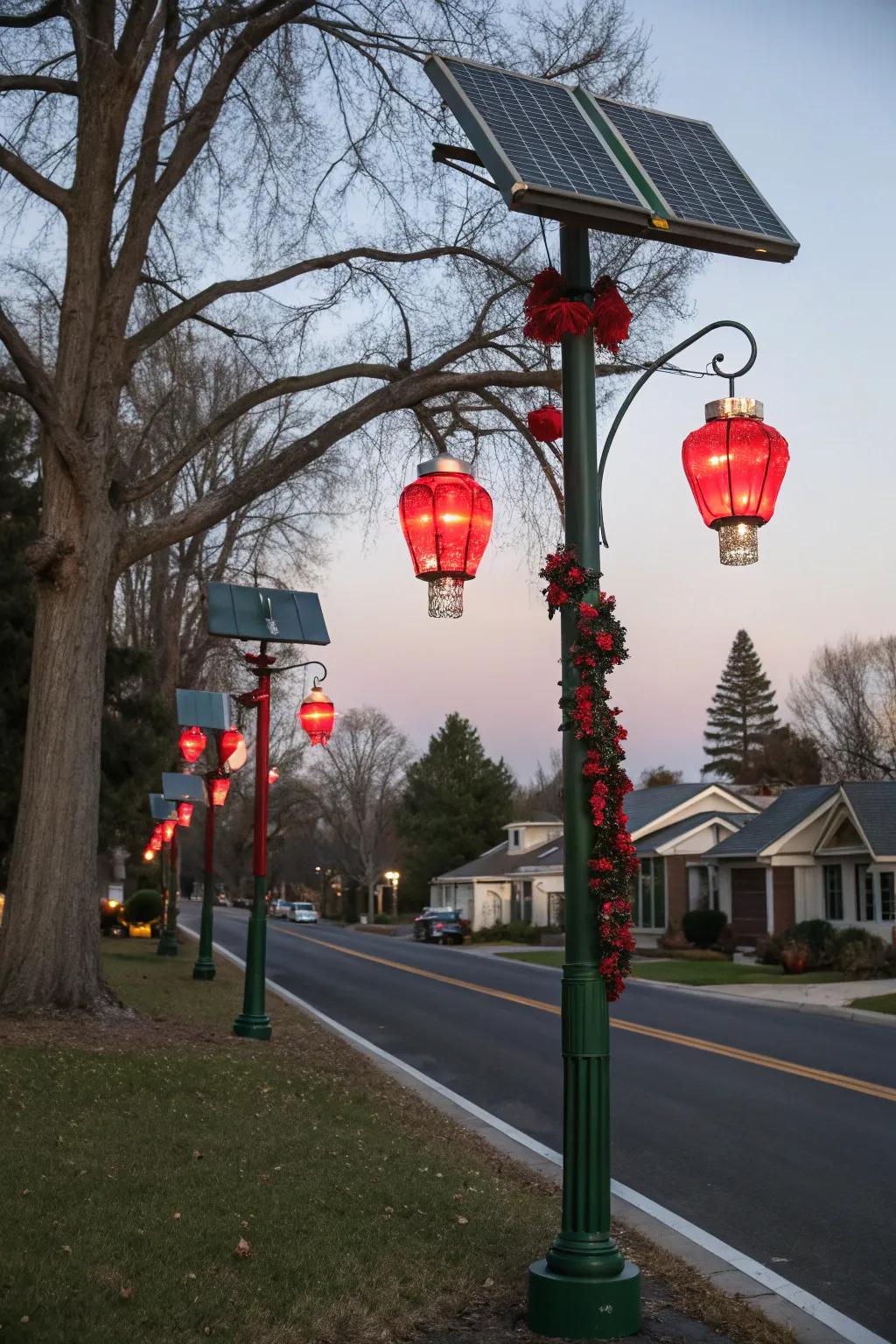 Solar lanterns casting colorful holiday light on a lamp post.
