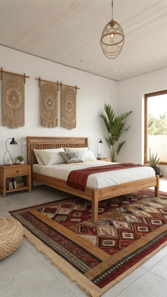 Layered boho rugs in minimalist bedroom