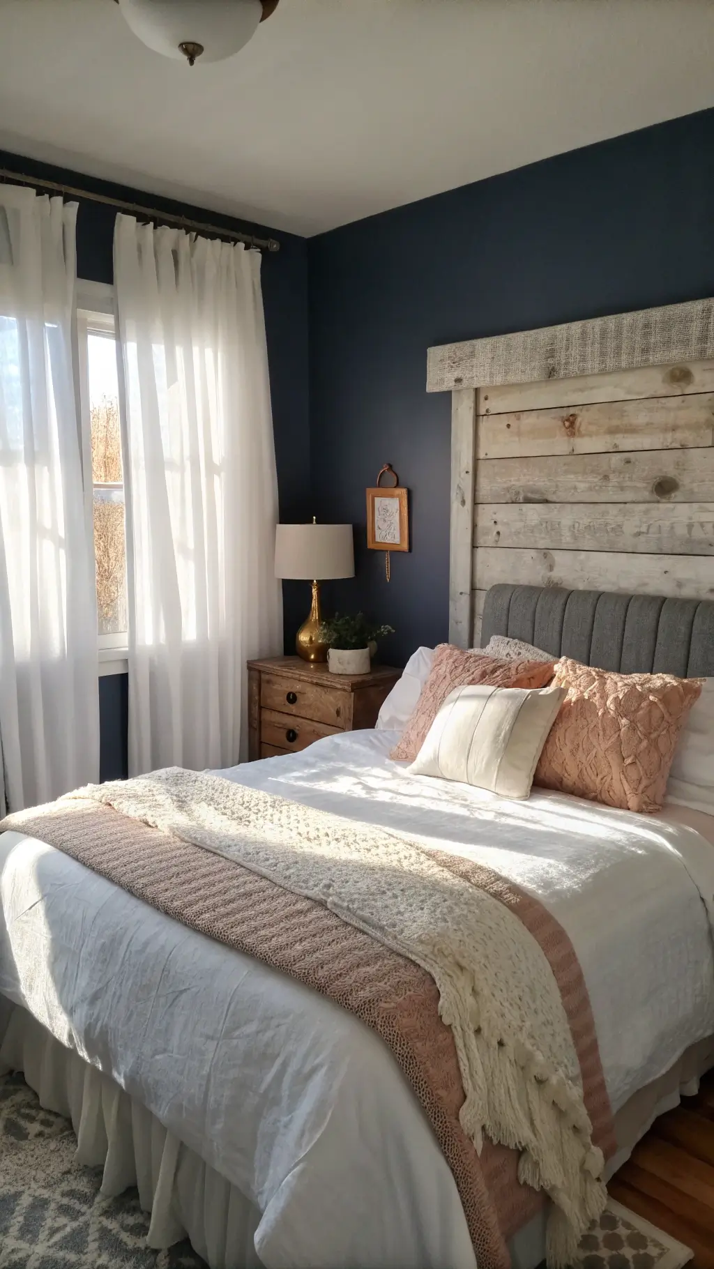 Cozy bedroom with warm sunlight filtering through sheer curtains, highlighting the DIY pallet wood headboard against a navy accent wall, neatly layered white and blush bedding, and a vintage brass lamp on a distressed nightstand.