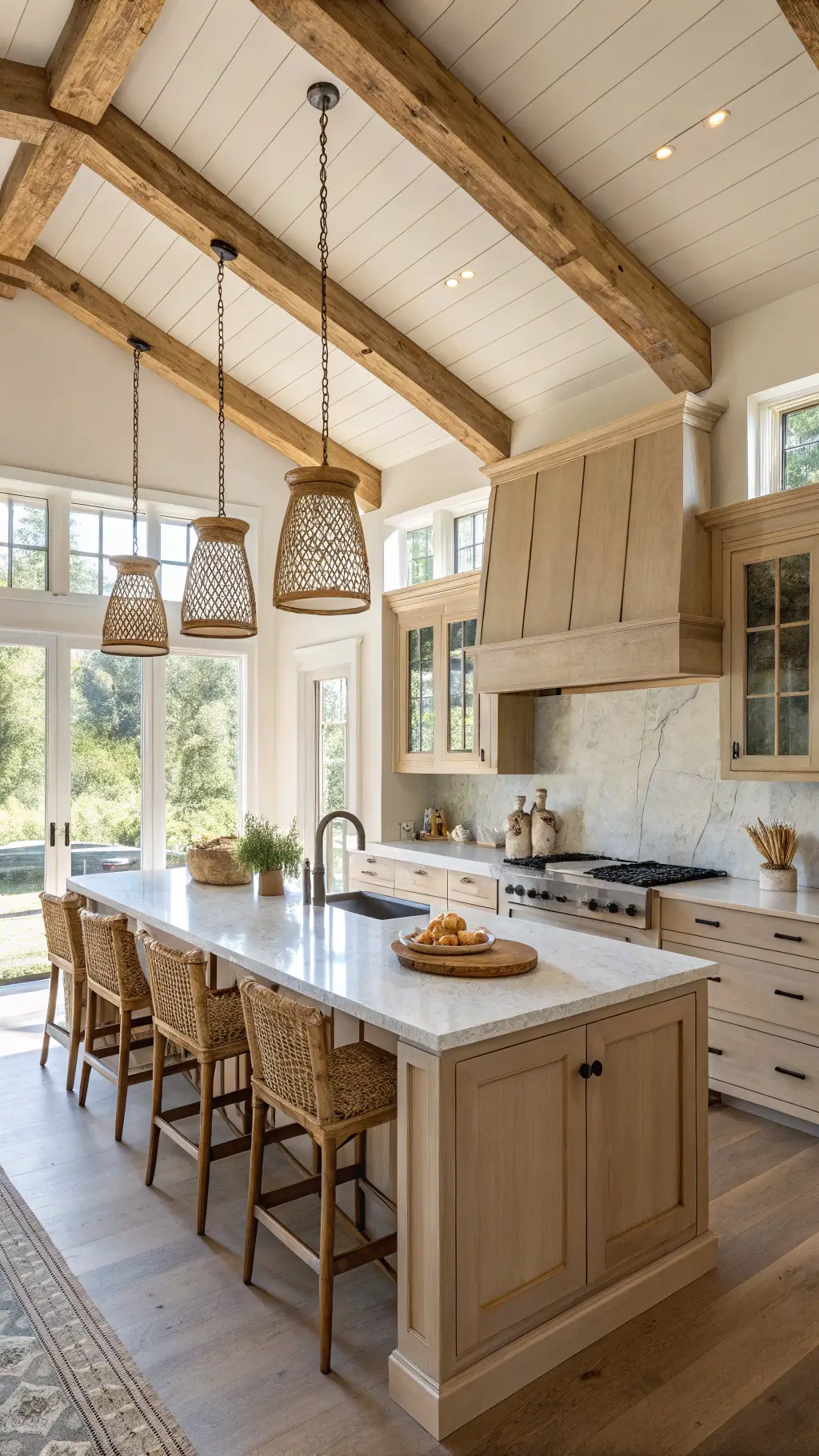 Bright farmhouse kitchen featuring beige shaker cabinets, Carrara marble countertops, a large island with brass lighting, seagrass stools, and natural wood accents.
