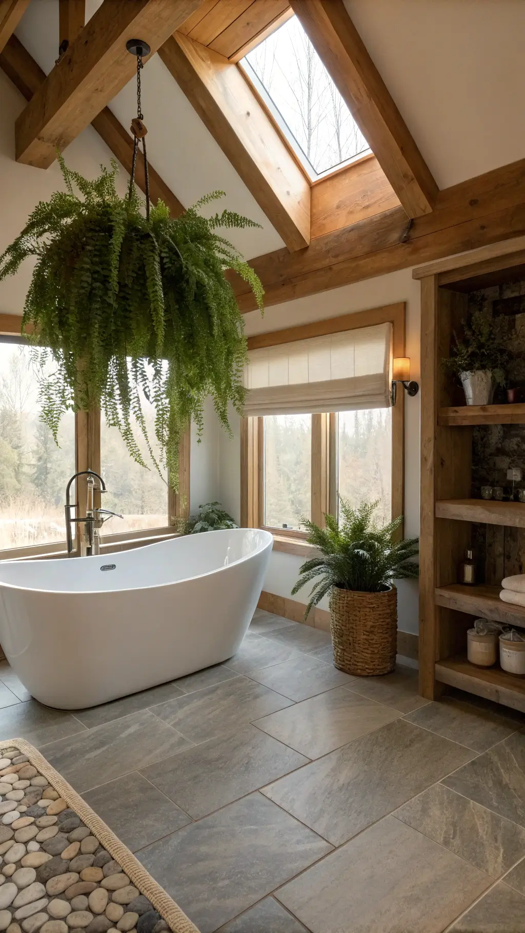 Serene bathroom with hanging ferns and trailing pothos vines