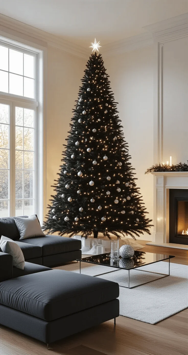 Modern living room showcasing a stunning 7-foot black Christmas tree decorated with silver baubles and LED lights, bathed in warm evening glow, featuring cream walls, hardwood floors, a charcoal sectional sofa with silver cushions, and a sleek fireplace.