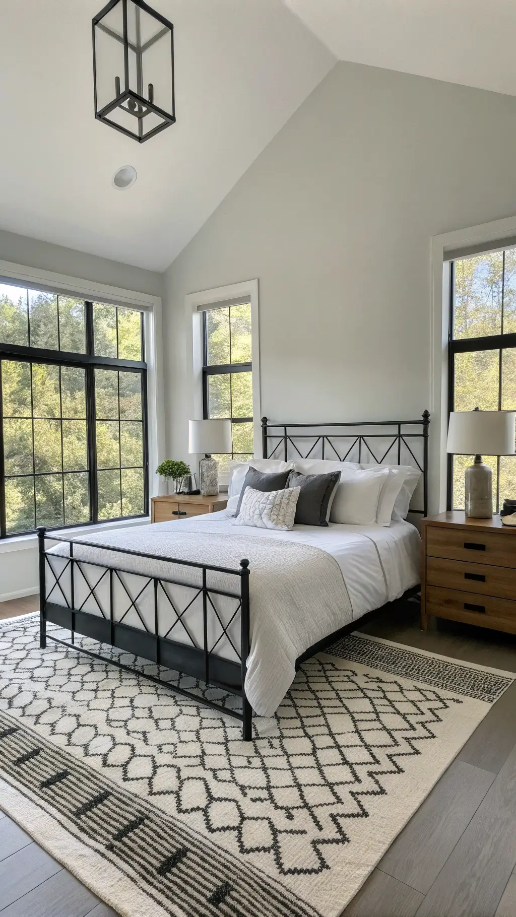 Modern monochrome bedroom with natural light streaming through floor-to-ceiling windows, featuring a black metal bed frame, white linens, floating nightstands, lamps, and a geometric area rug