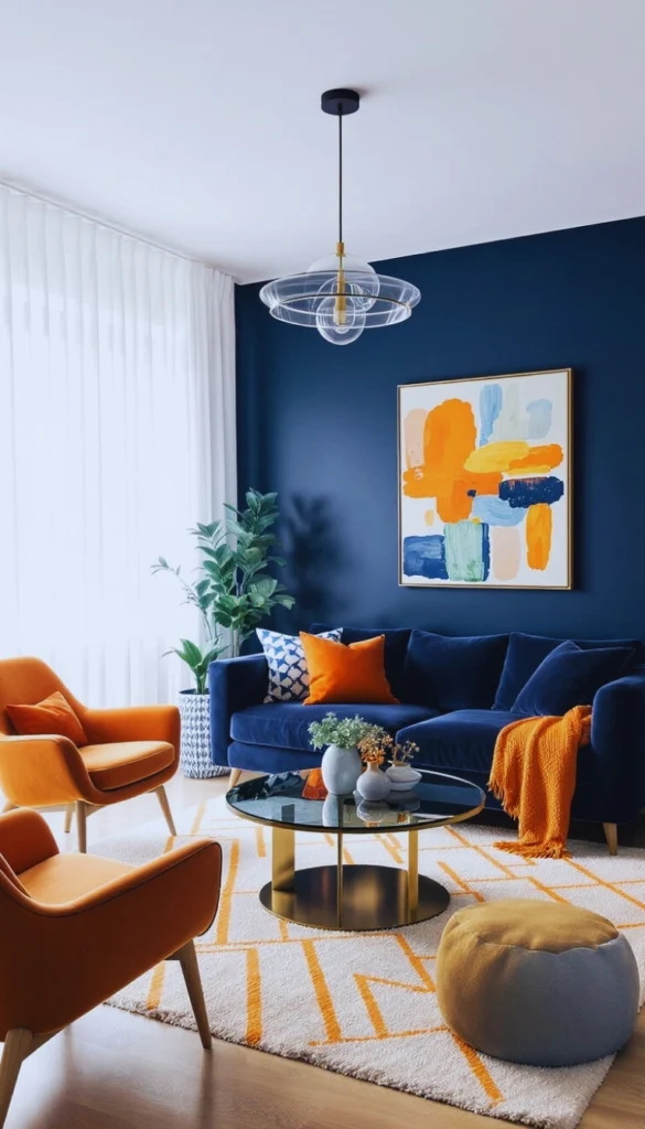 Navy blue and orange living room