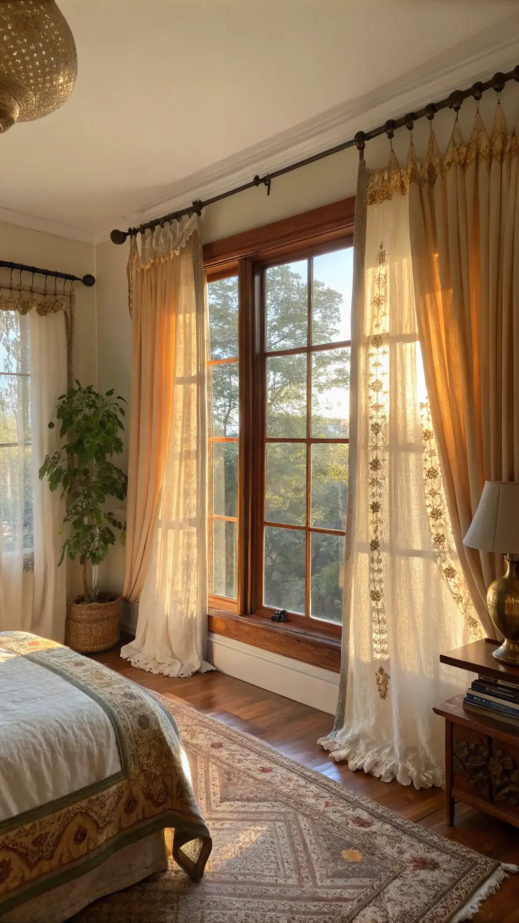 Sunlit boho bedroom with terracotta velvet curtains, wooden rod, rattan bed, and textured linens