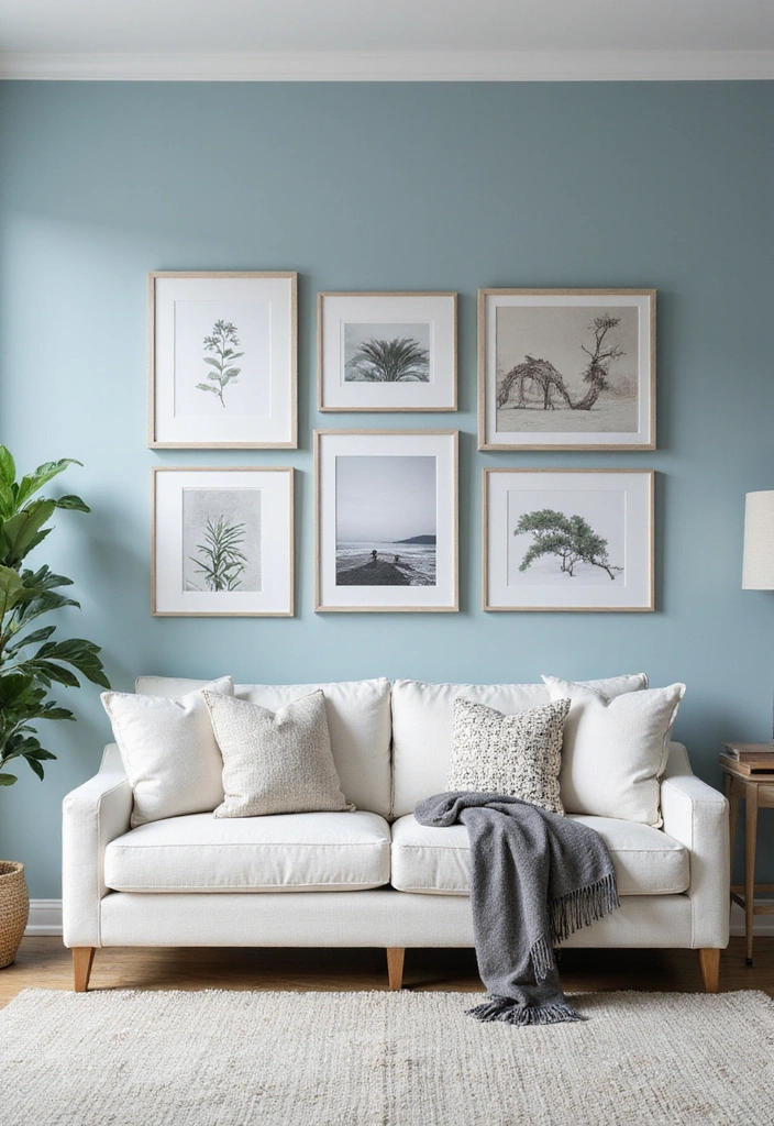 Artful Arrangements in Coastal Decor with Soft Blue Walls and White Charcoal Sofa