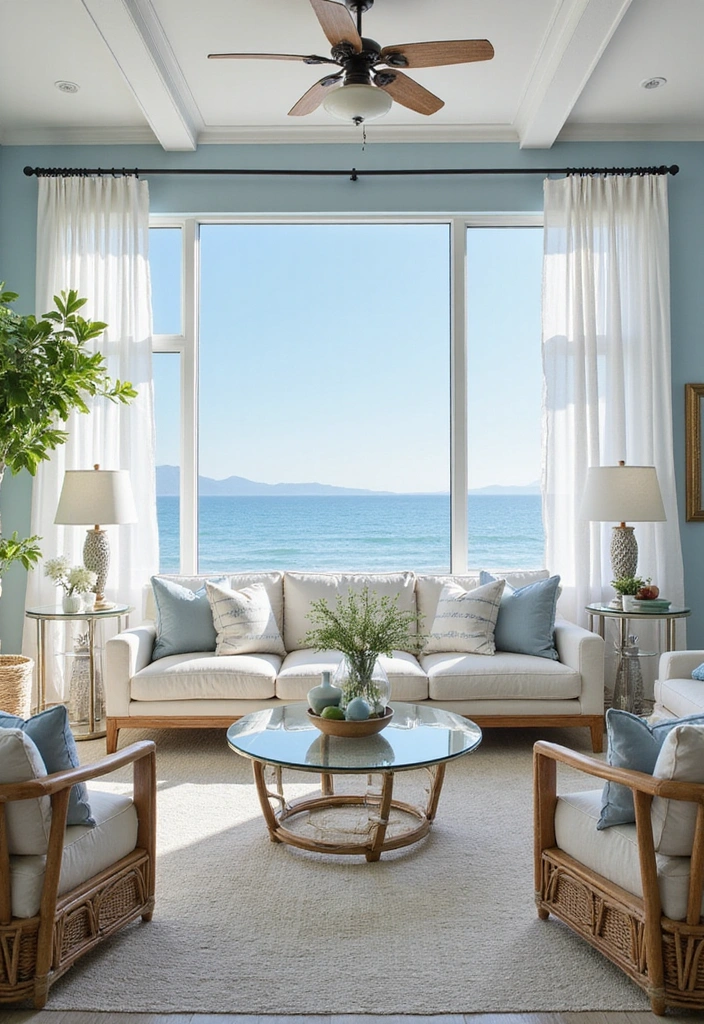 Breezy Beach Retreat with Soft Blue Walls and White Charcoal Sofa