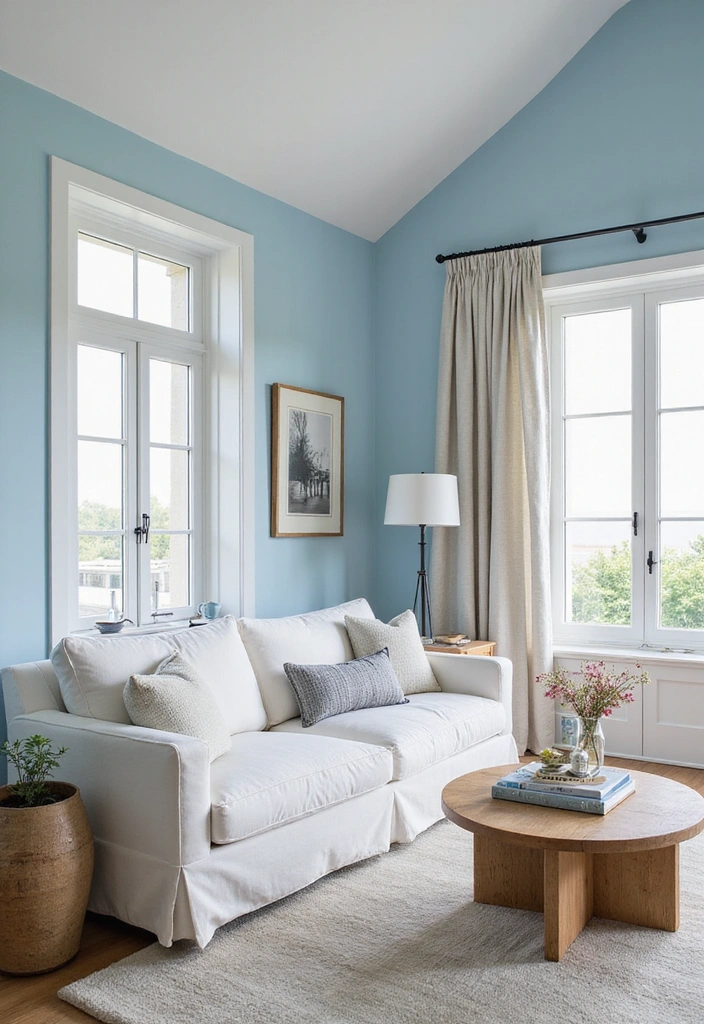 Bright and Airy Coastal Decor with Soft Blue Walls and White Charcoal Sofa