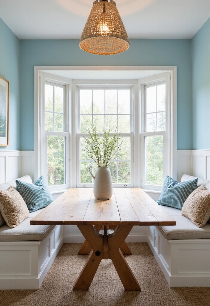Chic Coastal Dining Nook with Soft Blue Walls and White Charcoal Sofa