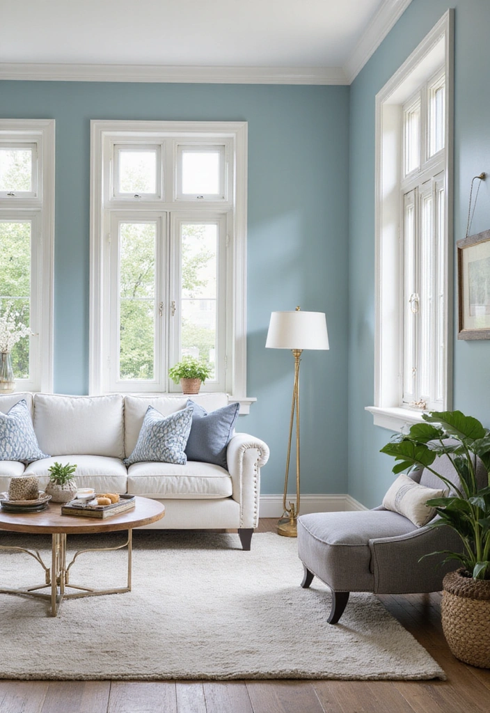 Coastal Color Palette with Soft Blue Walls and White Charcoal Sofa