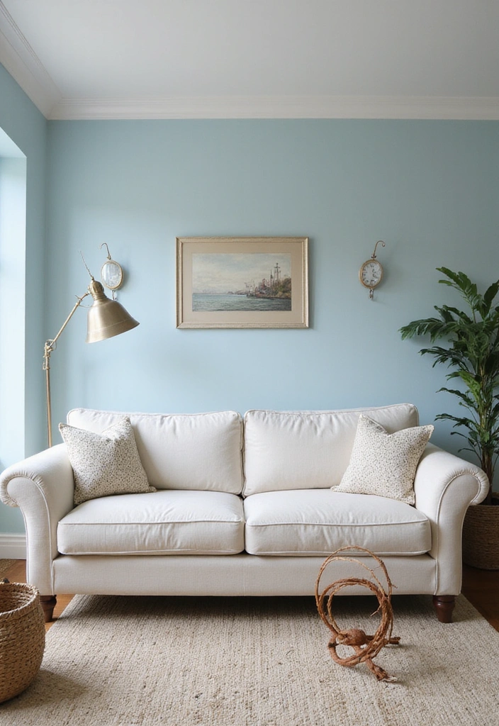 Coastal Vintage Decor with Soft Blue Walls and White Charcoal Sofa