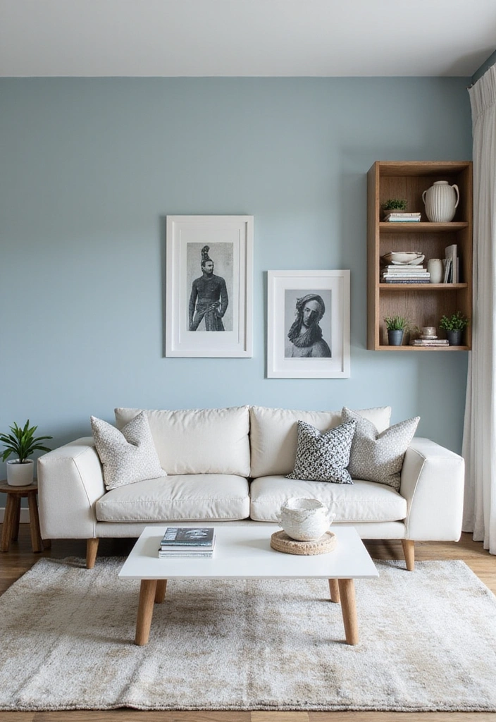 Functional Coastal Furniture with Soft Blue Walls and White Charcoal Sofa