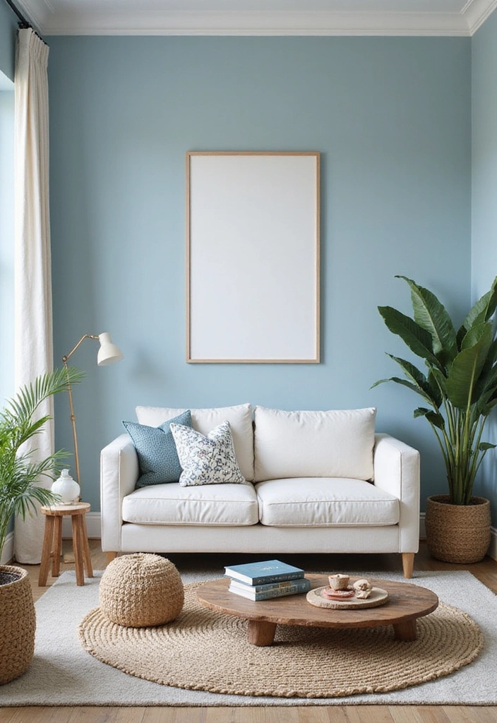 Global Coastal Decor with Soft Blue Walls and White Charcoal Sofa