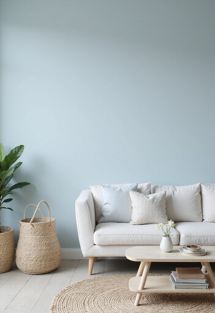 Minimalist Coastal Design with Soft Blue Walls and White Charcoal Sofa