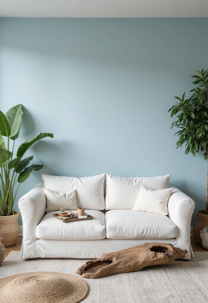Natural Elements in Coastal Decor with Soft Blue Walls and White Charcoal Sofa
