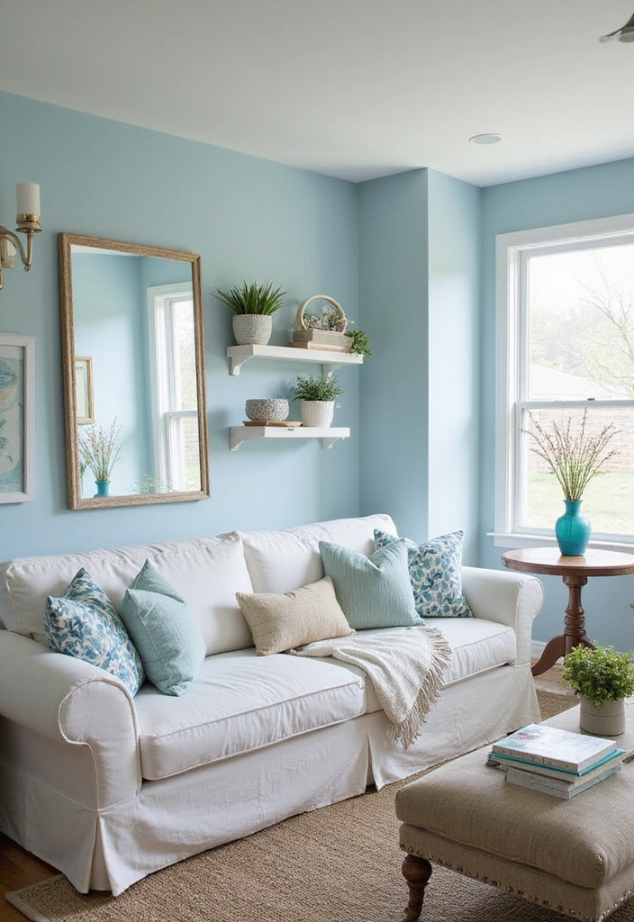 Ocean-Inspired Accents with Soft Blue Walls and White Charcoal Sofa