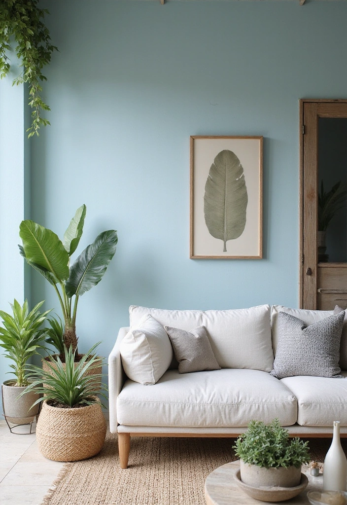 Outdoor-Inspired Decor with Soft Blue Walls and White Charcoal Sofa