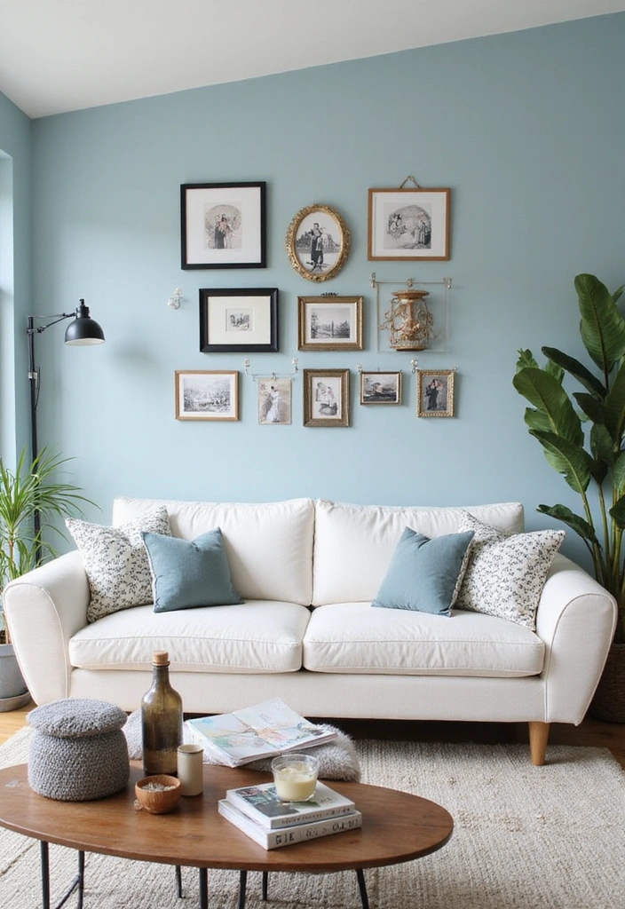 Personal Touches in Coastal Decor with Soft Blue Walls and White Charcoal Sofa